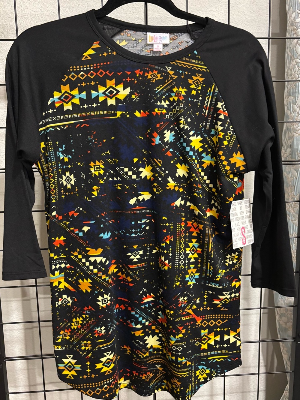 LuLaRoe Black Long Sleeve Tee with Multicolor Aztec Print